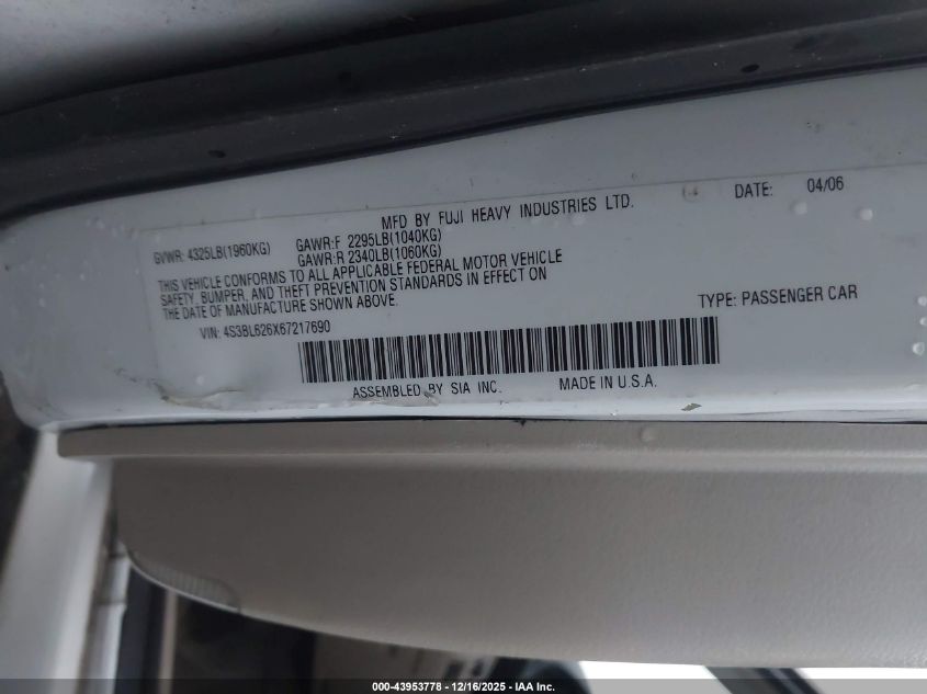 2006 Subaru Legacy 2.5I Limited VIN: 4S3BL626X67217690 Lot: 43953778