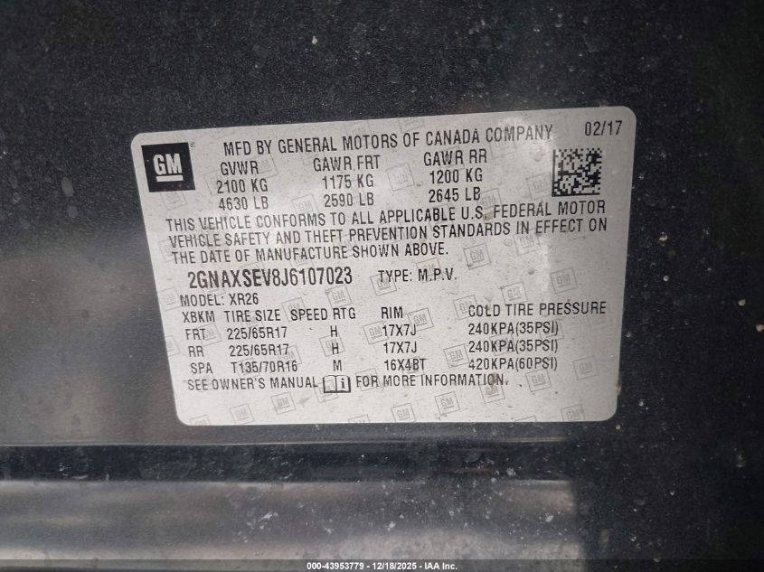 2018 Chevrolet Equinox Lt VIN: 2GNAXSEV8J6107023 Lot: 43953779