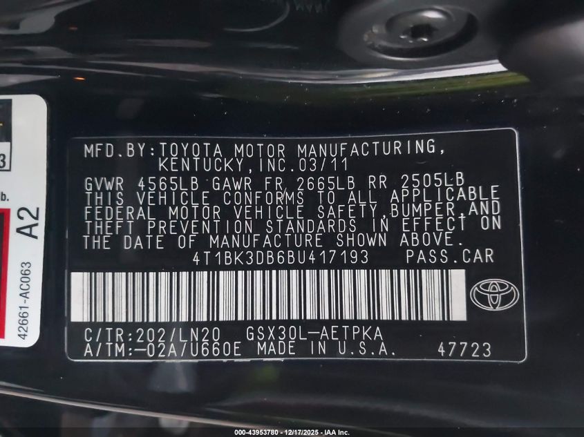 2011 Toyota Avalon Limited VIN: 4T1BK3DB6BU417193 Lot: 43953780