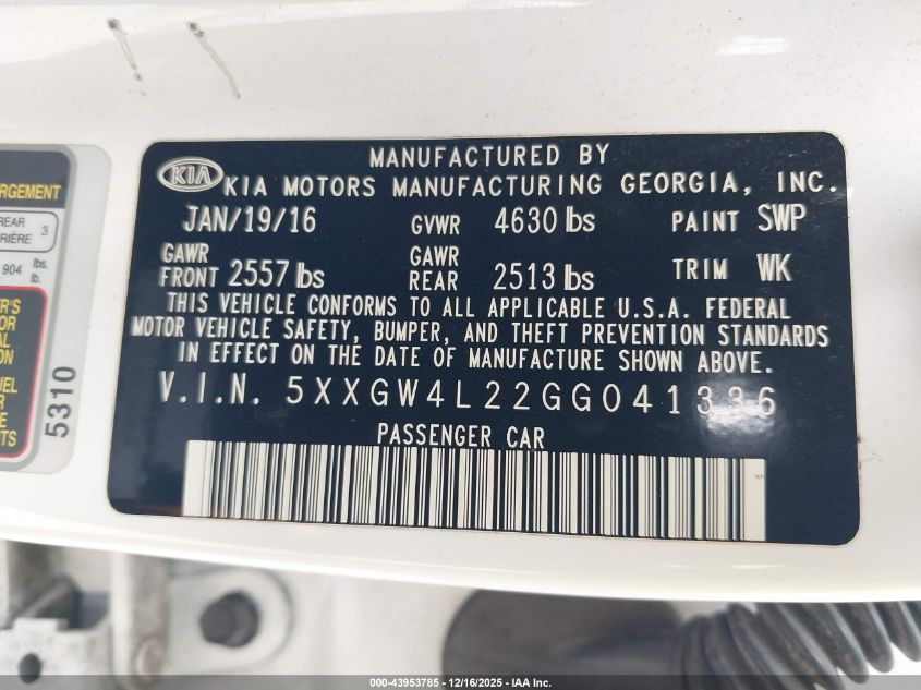 2016 Kia Optima Sx Turbo VIN: 5XXGW4L22GG041336 Lot: 43953785