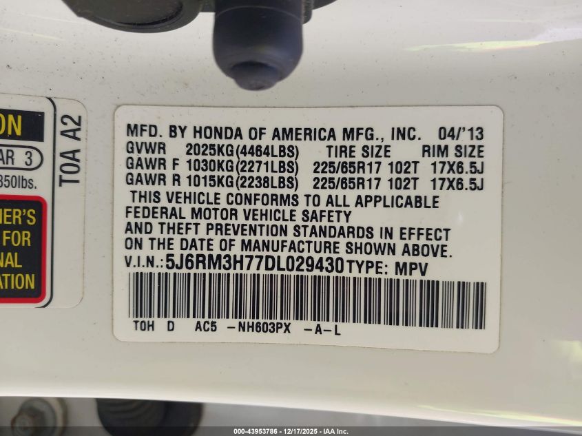 2013 Honda Cr-V Ex-L VIN: 5J6RM3H77DL029430 Lot: 43953786