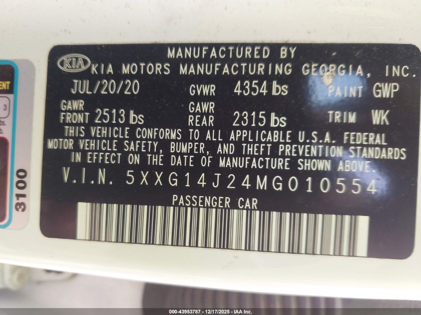 2021 Kia K5 Lxs VIN: 5XXG14J24MG010554 Lot: 43953787