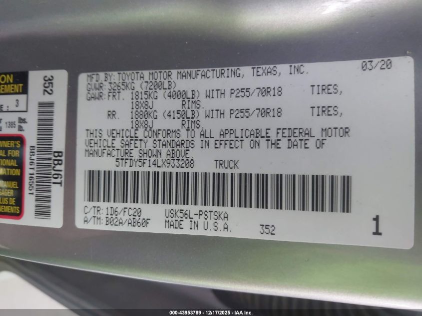 2020 Toyota Tundra Sr5 VIN: 5TFDY5F14LX933208 Lot: 43953789