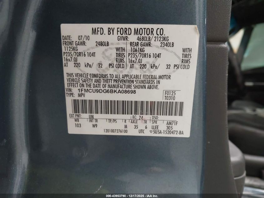 2011 Ford Escape Xlt VIN: 1FMCU9DG6BKA08698 Lot: 43953790