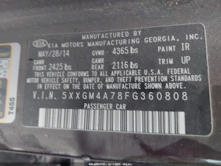 2015 Kia Optima Lx VIN: 5XXGM4A78FG360808 Lot: 43953791