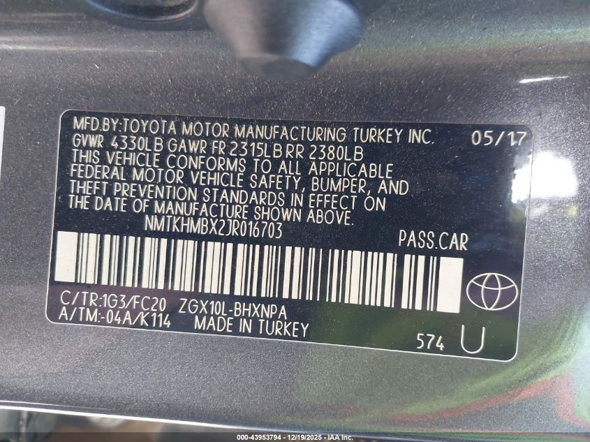 2018 Toyota C-Hr Xle Premium VIN: NMTKHMBX2JR016703 Lot: 43953794