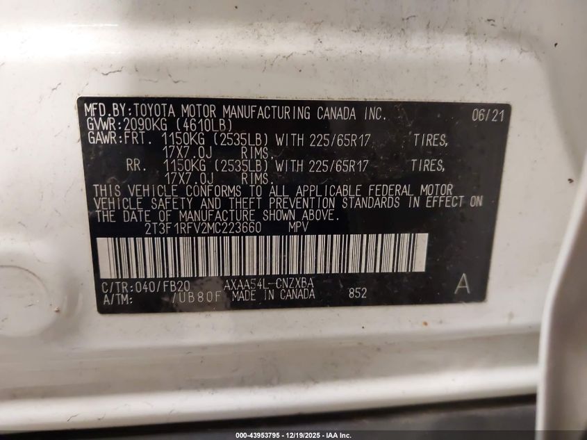 2021 Toyota Rav4 Le VIN: 2T3F1RFV2MC223660 Lot: 43953795