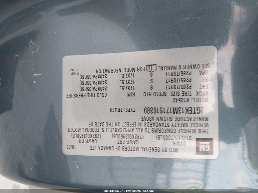 2007 GMC Sierra 1500 Slt VIN: 2GTEK13M171510389 Lot: 43953797