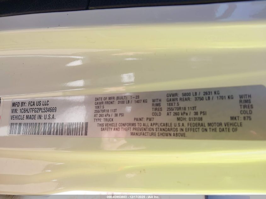 2023 Jeep Gladiator Overland 4X4 VIN: 1C6HJTFG2PL534669 Lot: 43953803