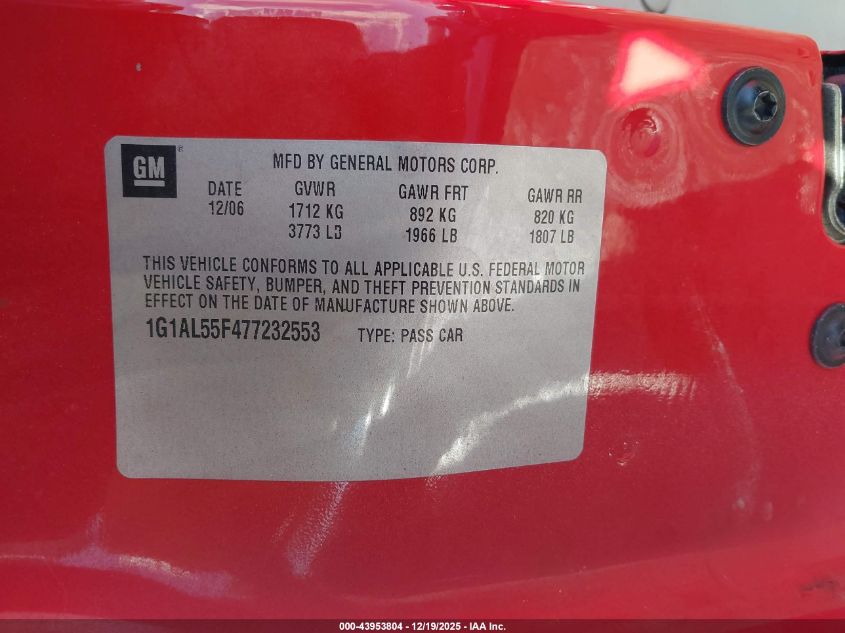 2007 Chevrolet Cobalt Lt VIN: 1G1AL55F477232553 Lot: 43953804