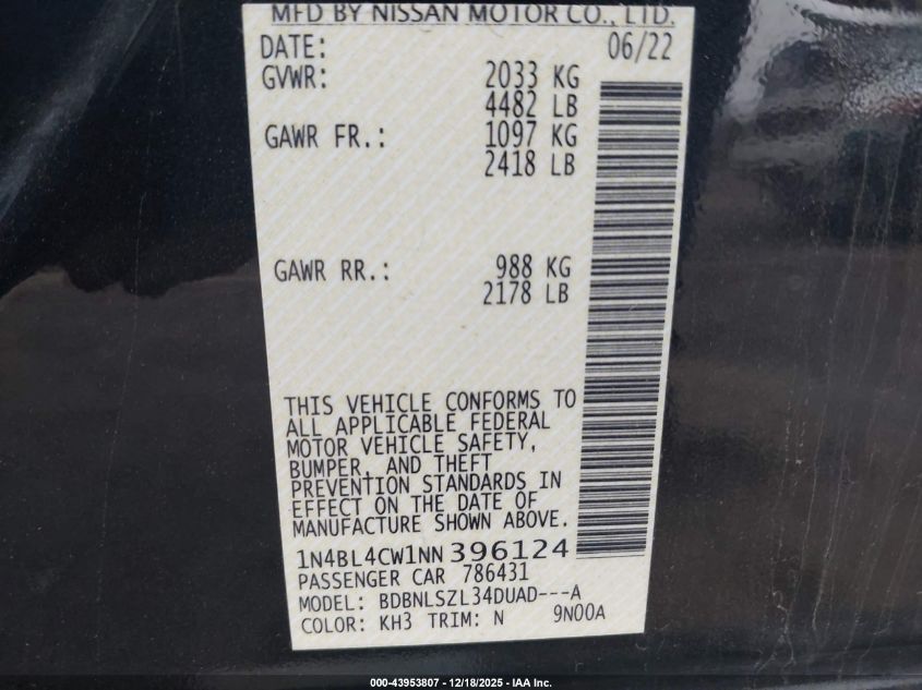 2022 Nissan Altima Sr Intelligent Awd VIN: 1N4BL4CW1NN396124 Lot: 43953807