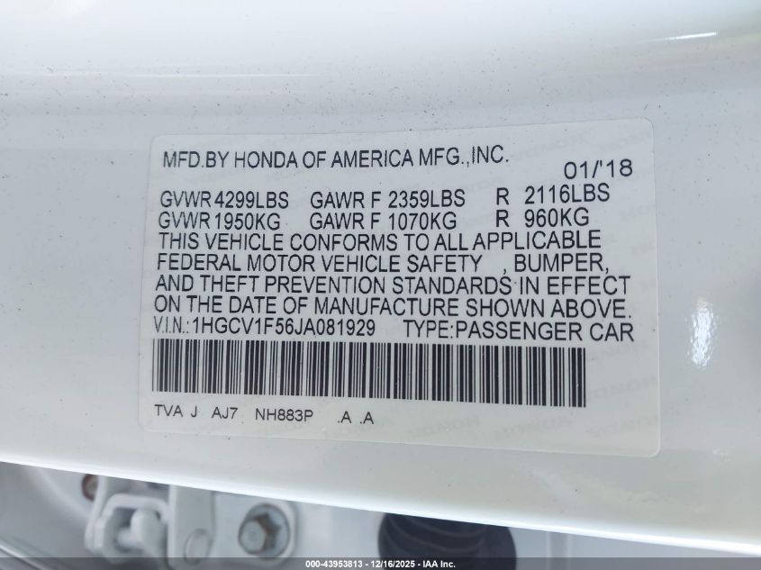 2018 Honda Accord Ex-L VIN: 1HGCV1F56JA081929 Lot: 43953813