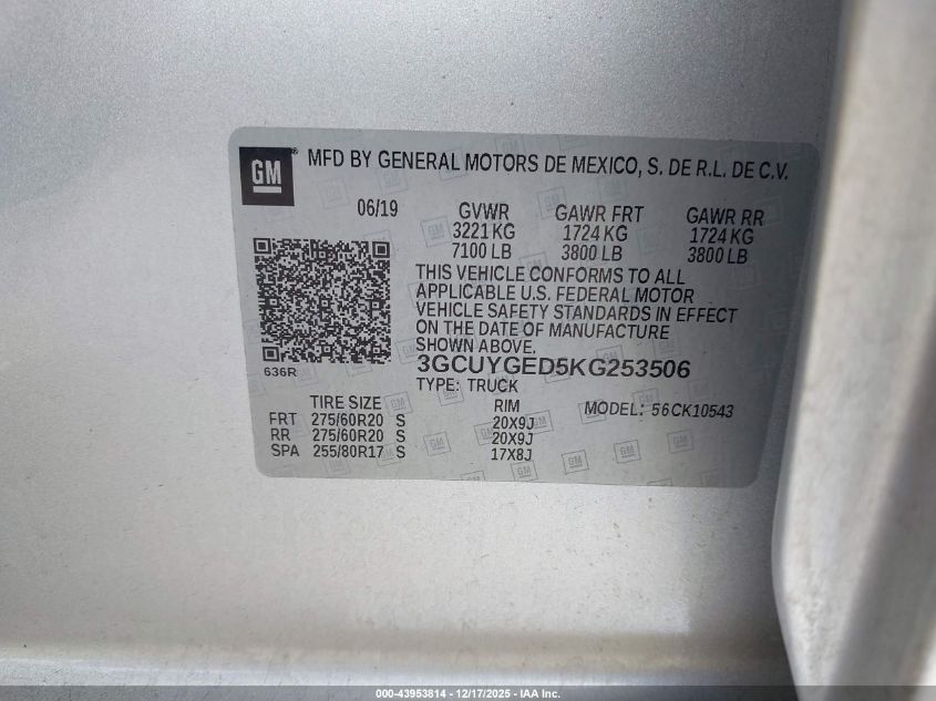 2019 Chevrolet Silverado 1500 Ltz VIN: 3GCUYGED5KG253506 Lot: 43953814