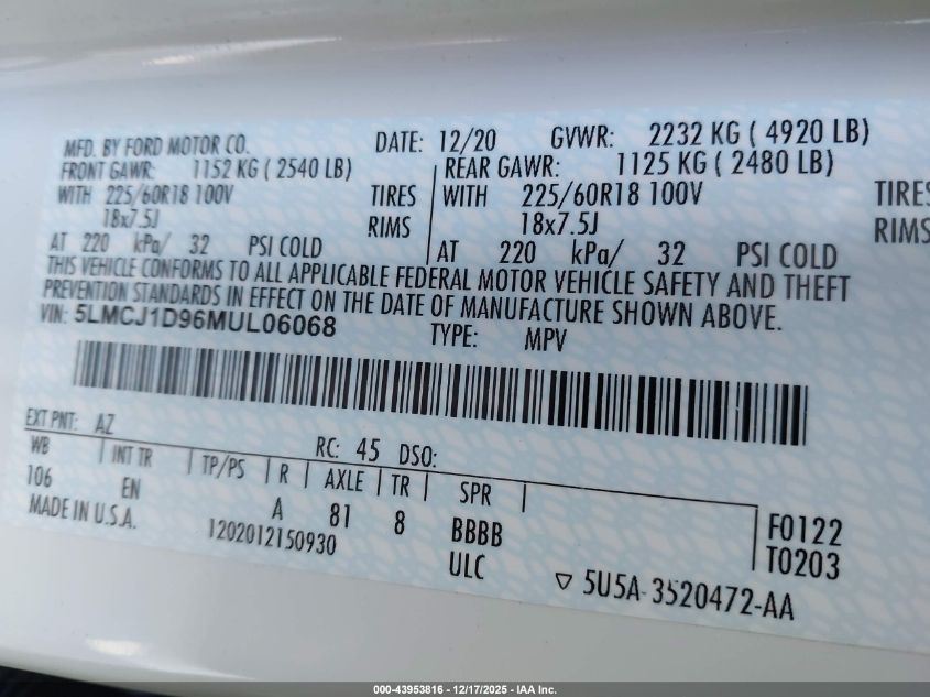 2021 Lincoln Corsair Standard VIN: 5LMCJ1D96MUL06068 Lot: 43953816