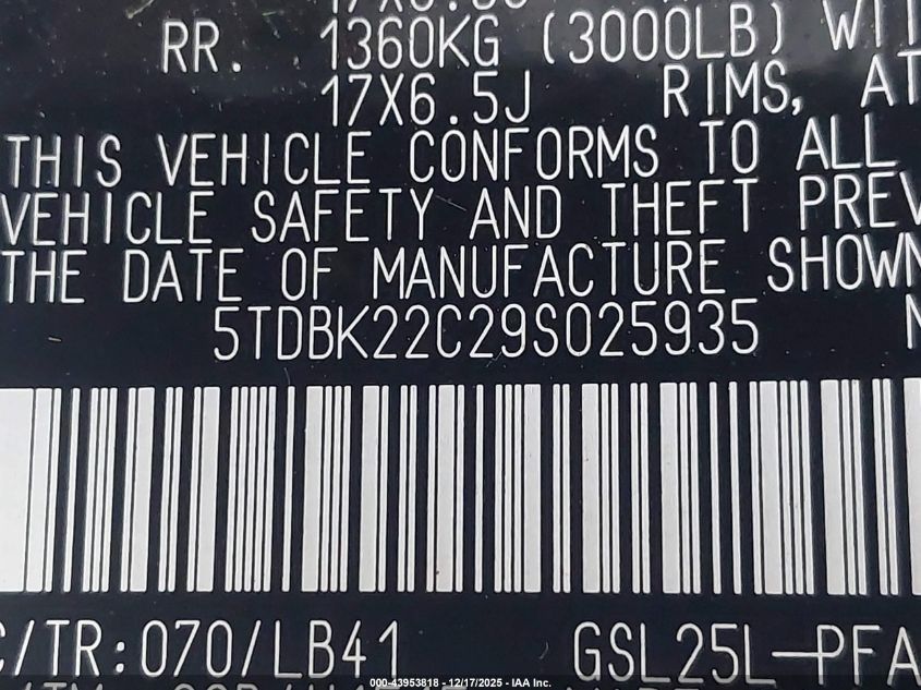 2009 Toyota Sienna Limited VIN: 5TDBK22C29S025935 Lot: 43953818