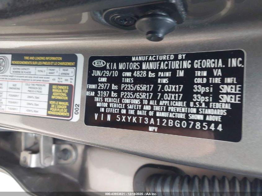 2011 Kia Sorento Lx VIN: 5XYKT3A12BG078544 Lot: 43953821