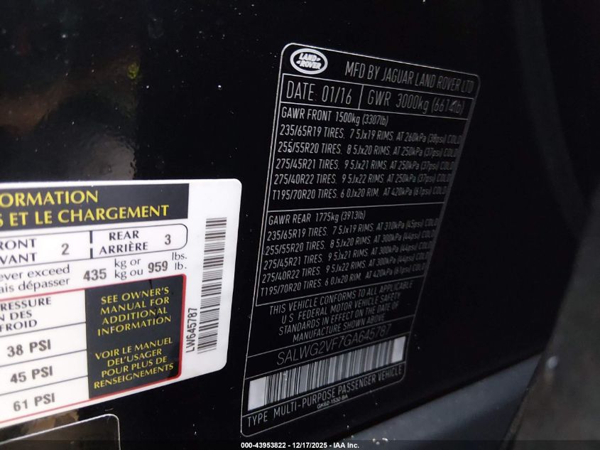 2016 Land Rover Range Rover Sport 3.0L V6 Supercharged Se VIN: SALWG2VF7GA645787 Lot: 43953822