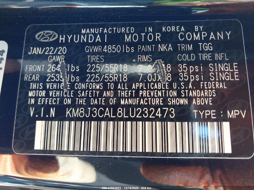 2020 Hyundai Tucson Sel VIN: KM8J3CAL8LU232473 Lot: 43953823