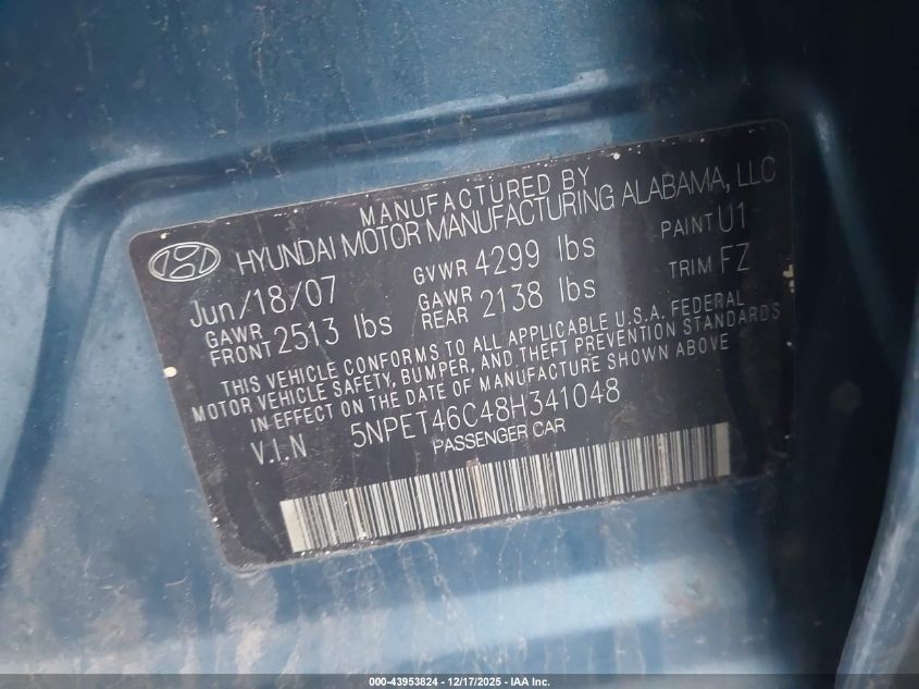 2008 Hyundai Sonata Gls VIN: 5NPET46C48H341048 Lot: 43953824