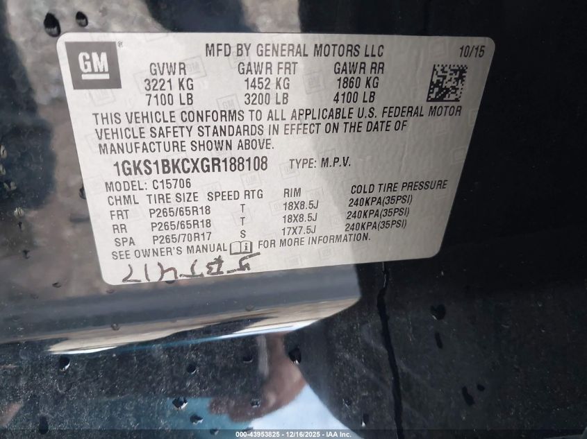 2016 GMC Yukon Slt VIN: 1GKS1BKCXGR188108 Lot: 43953825