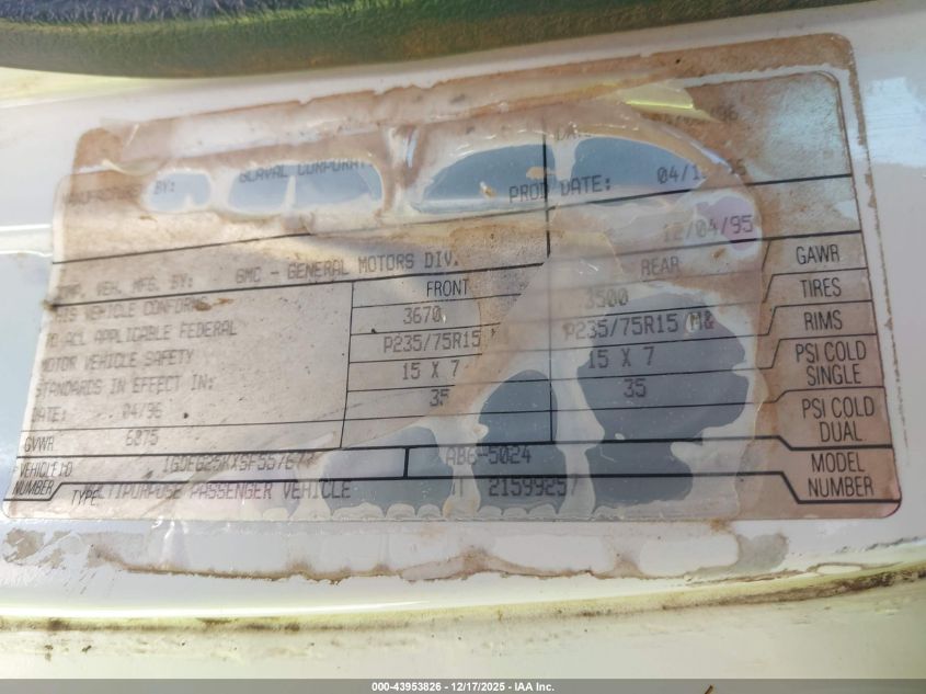 1995 GMC Rally Wagon / Van G2500 VIN: 1GDEG25KXSF557677 Lot: 43953826