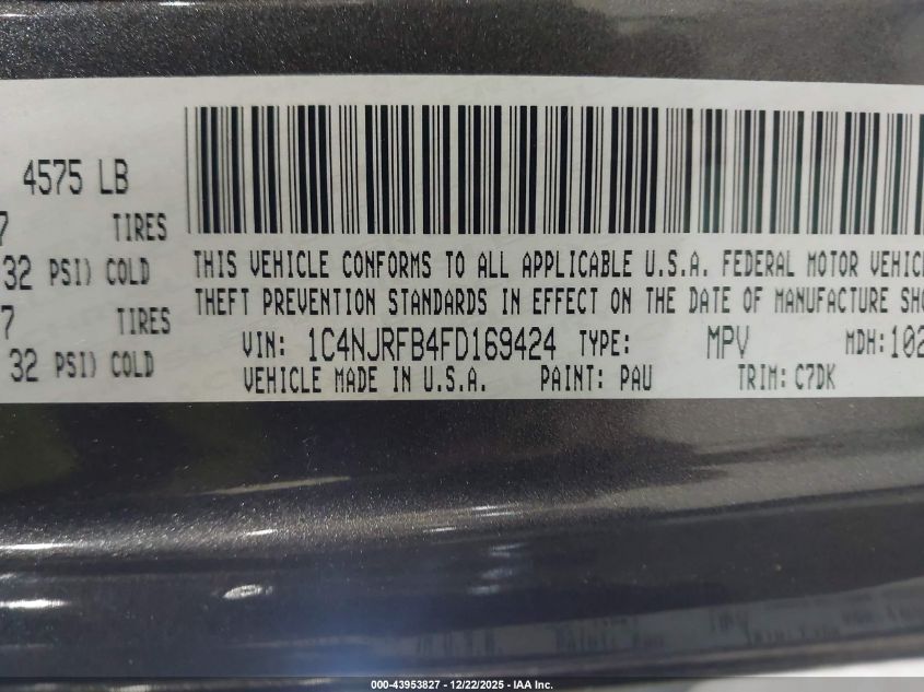 2015 Jeep Patriot Latitude VIN: 1C4NJRFB4FD169424 Lot: 43953827