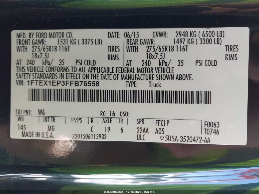 2015 Ford F-150 Xlt VIN: 1FTEX1EP3FFB76558 Lot: 43953831