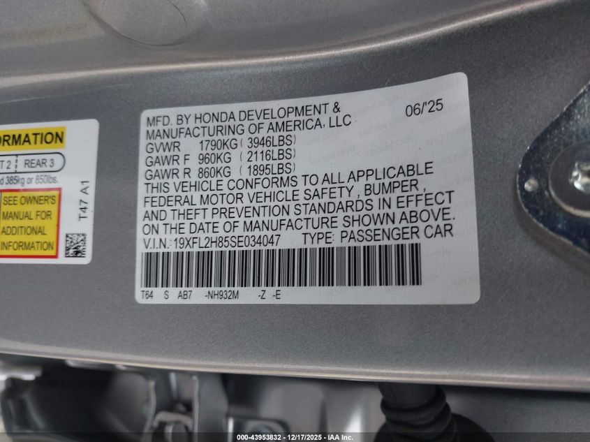 2025 Honda Civic Sedan Sport VIN: 19XFL2H85SE034047 Lot: 43953832
