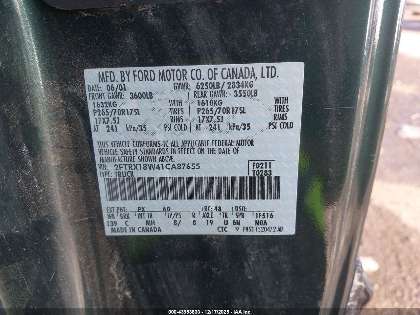 2001 Ford F-150 Lariat/Xl/Xlt VIN: 2FTRX18W41CA87655 Lot: 43953833