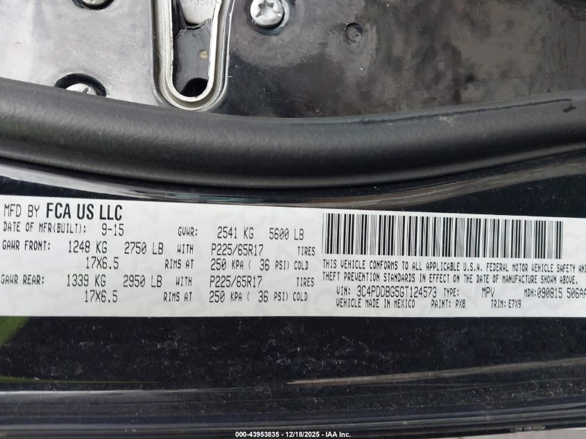 2016 Dodge Journey Sxt VIN: 3C4PDDBG5GT124573 Lot: 43953835