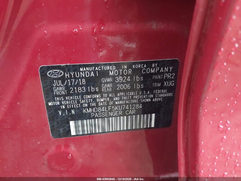 2019 Hyundai Elantra Limited VIN: KMHD84LF5KU741284 Lot: 43953840