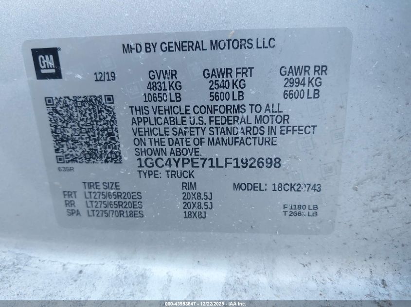2020 Chevrolet Silverado 2500Hd 4Wd Standard Bed Ltz VIN: 1GC4YPE71LF192698 Lot: 43953847