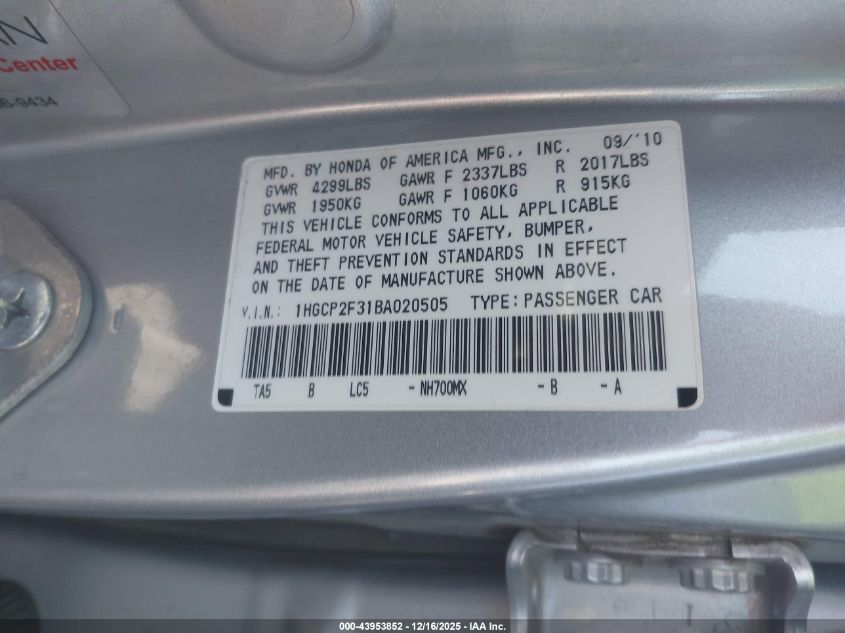 2011 Honda Accord 2.4 Lx VIN: 1HGCP2F31BA020505 Lot: 43953852