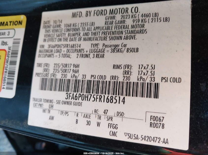 2015 Ford Fusion Se VIN: 3FA6P0H75FR168514 Lot: 43953854