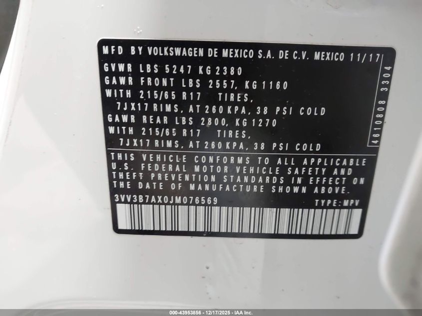2018 Volkswagen Tiguan 2.0T Se/2.0T Sel VIN: 3VV3B7AX0JM076569 Lot: 43953856