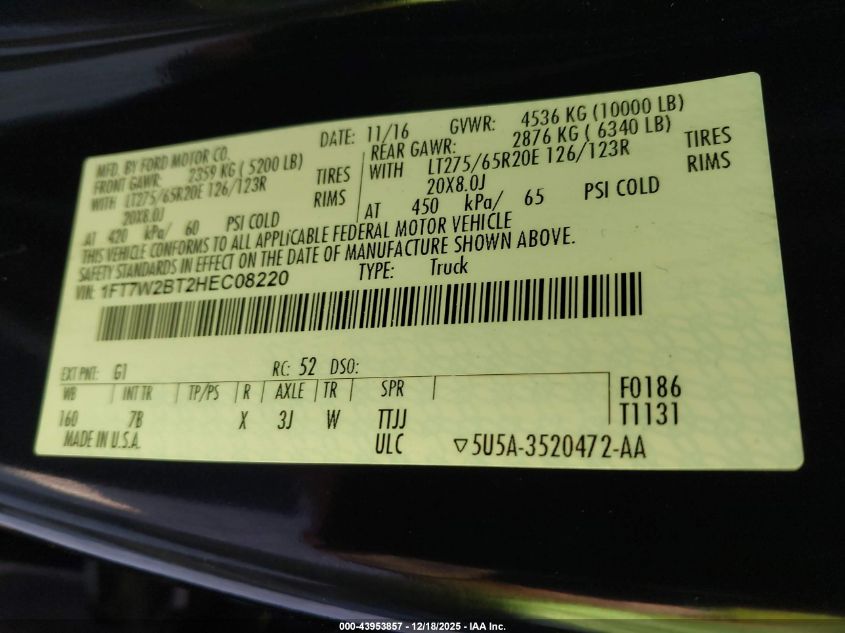 2017 Ford F-250 Platinum VIN: 1FT7W2BT2HEC08220 Lot: 43953857