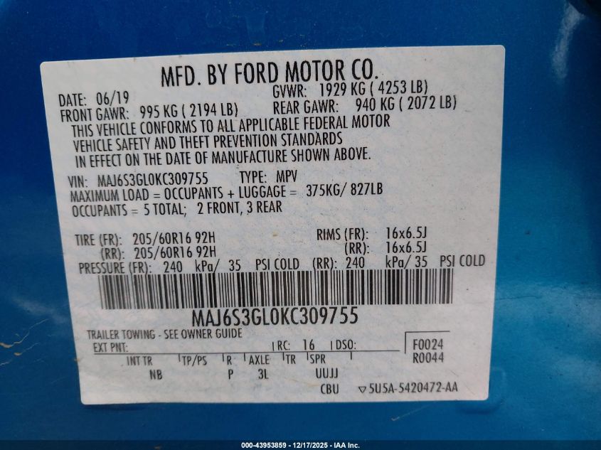 2019 Ford Ecosport Se VIN: MAJ6S3GL0KC309755 Lot: 43953859