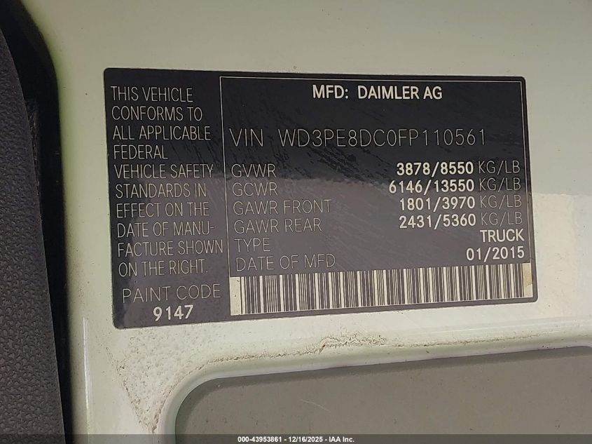 2015 Mercedes-Benz Sprinter 2500 High Roof VIN: WD3PE8DC0FP110561 Lot: 43953861