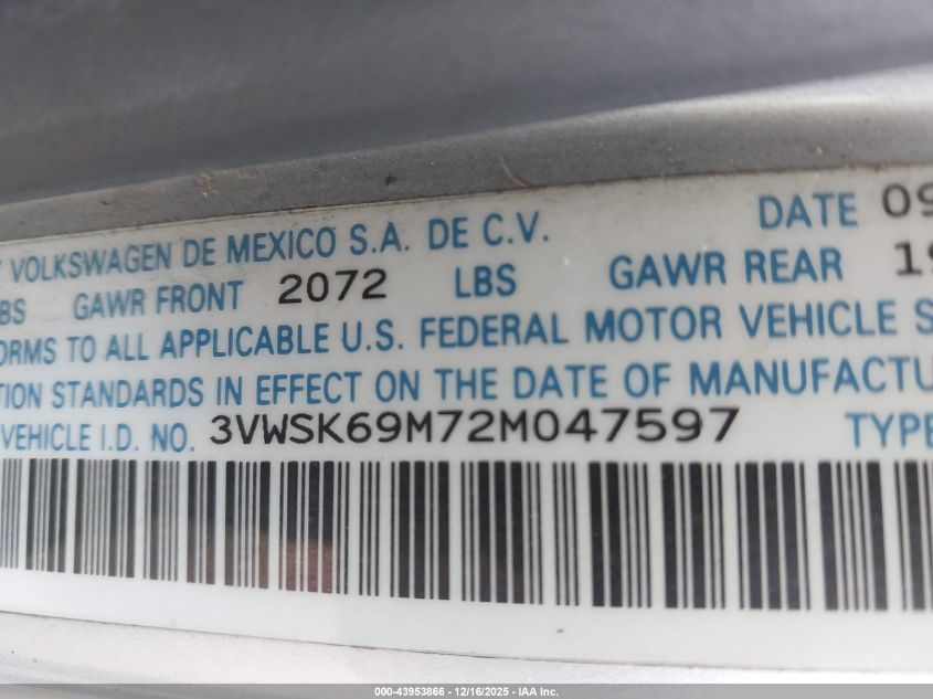 2002 Volkswagen Jetta Gls VIN: 3VWSK69M72M047597 Lot: 43953866