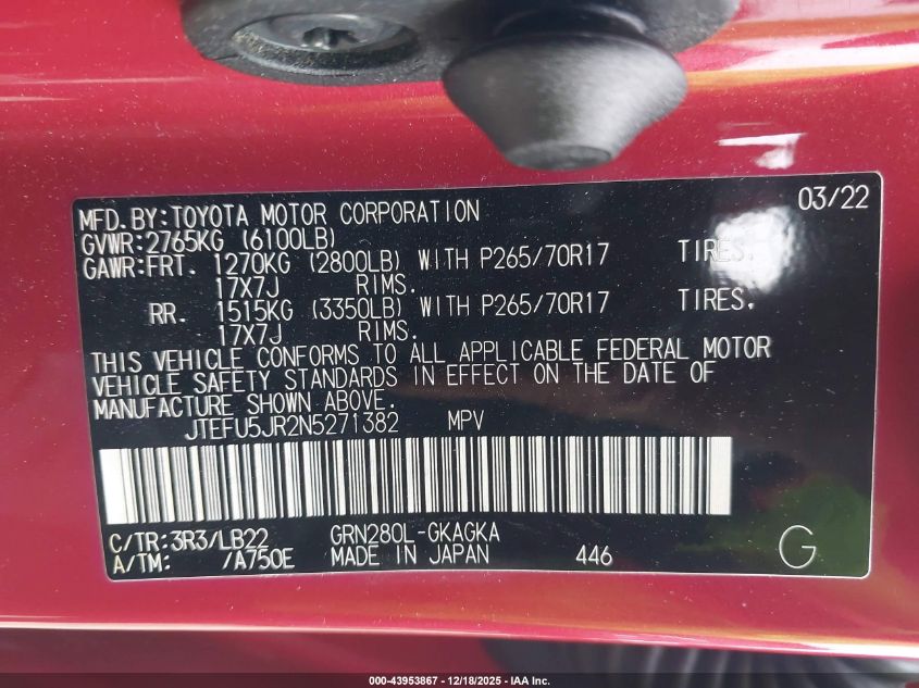 2022 Toyota 4Runner Sr5 Premium VIN: JTEFU5JR2N5271382 Lot: 43953867