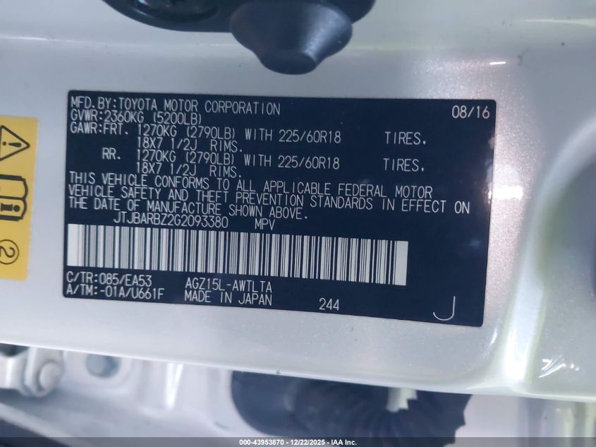 2016 Lexus Nx 200T VIN: JTJBARBZ2G2093380 Lot: 43953870