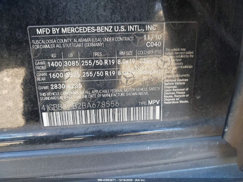 2011 Mercedes-Benz Ml 350 4Matic VIN: 4JGBB8GB2BA678556 Lot: 43953871