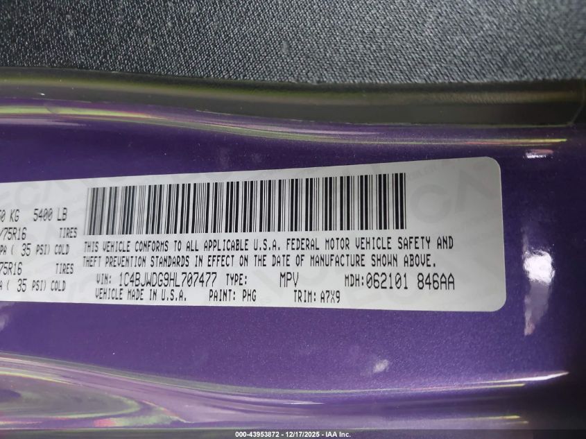 2017 Jeep Wrangler Unlimited Sport 4X4 VIN: 1C4BJWDG9HL707477 Lot: 43953872