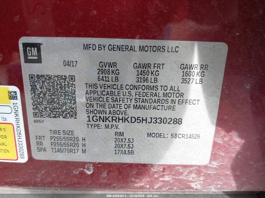 2017 Chevrolet Traverse 2Lt VIN: 1GNKRHKD5HJ330288 Lot: 43953873
