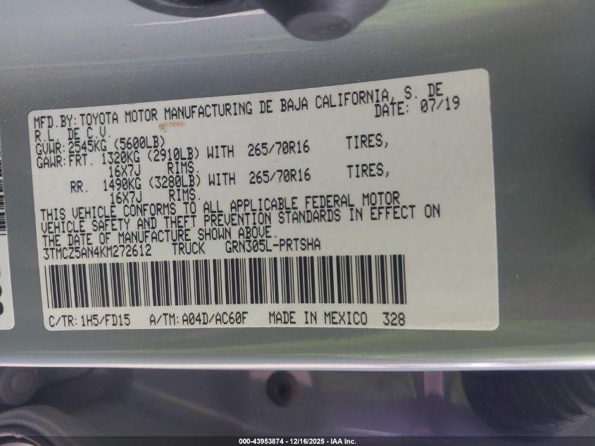 2019 Toyota Tacoma Trd Off Road VIN: 3TMCZ5AN4KM272612 Lot: 43953874