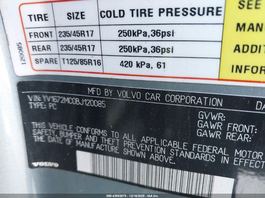 2011 Volvo C70 T5 VIN: YV1672MC0BJ120085 Lot: 43953875