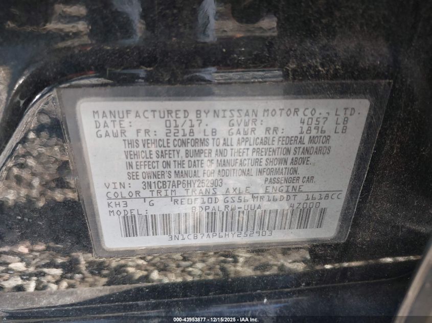 2017 Nissan Sentra Sr Turbo VIN: 3N1CB7AP6HY252903 Lot: 43953877