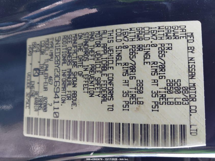 2003 Nissan Xterra Xe VIN: 5N1ED28Y23C694110 Lot: 43953876