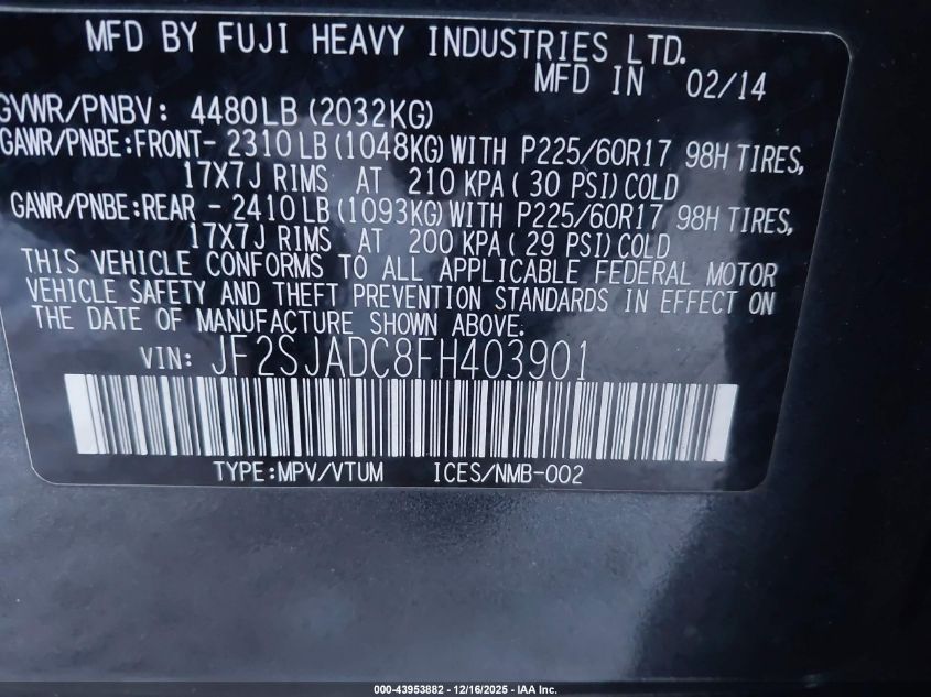 2015 Subaru Forester 2.5I Premium VIN: JF2SJADC8FH403901 Lot: 43953882