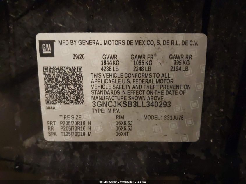 2020 Chevrolet Trax Fwd Ls VIN: 3GNCJKSB3LL340293 Lot: 43953883